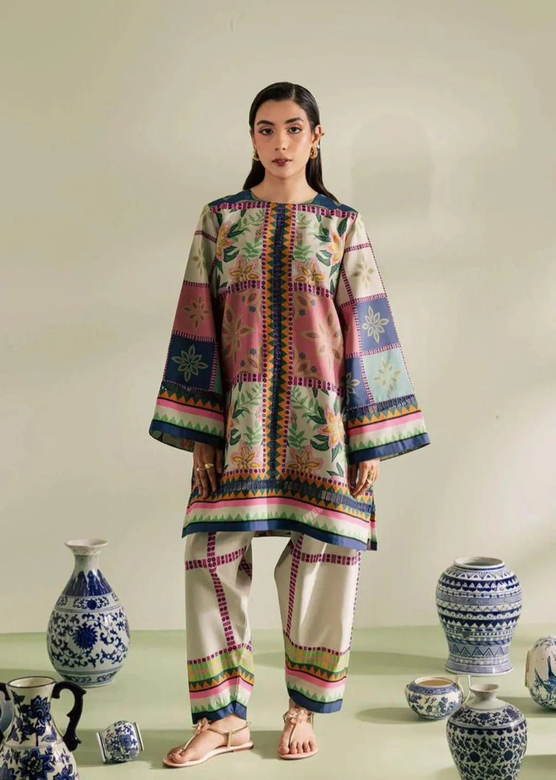 Stylish Women's Stitched 2 Pcs Swiss Lawn Shirt and Trouser Set - Multicolor Digital Print