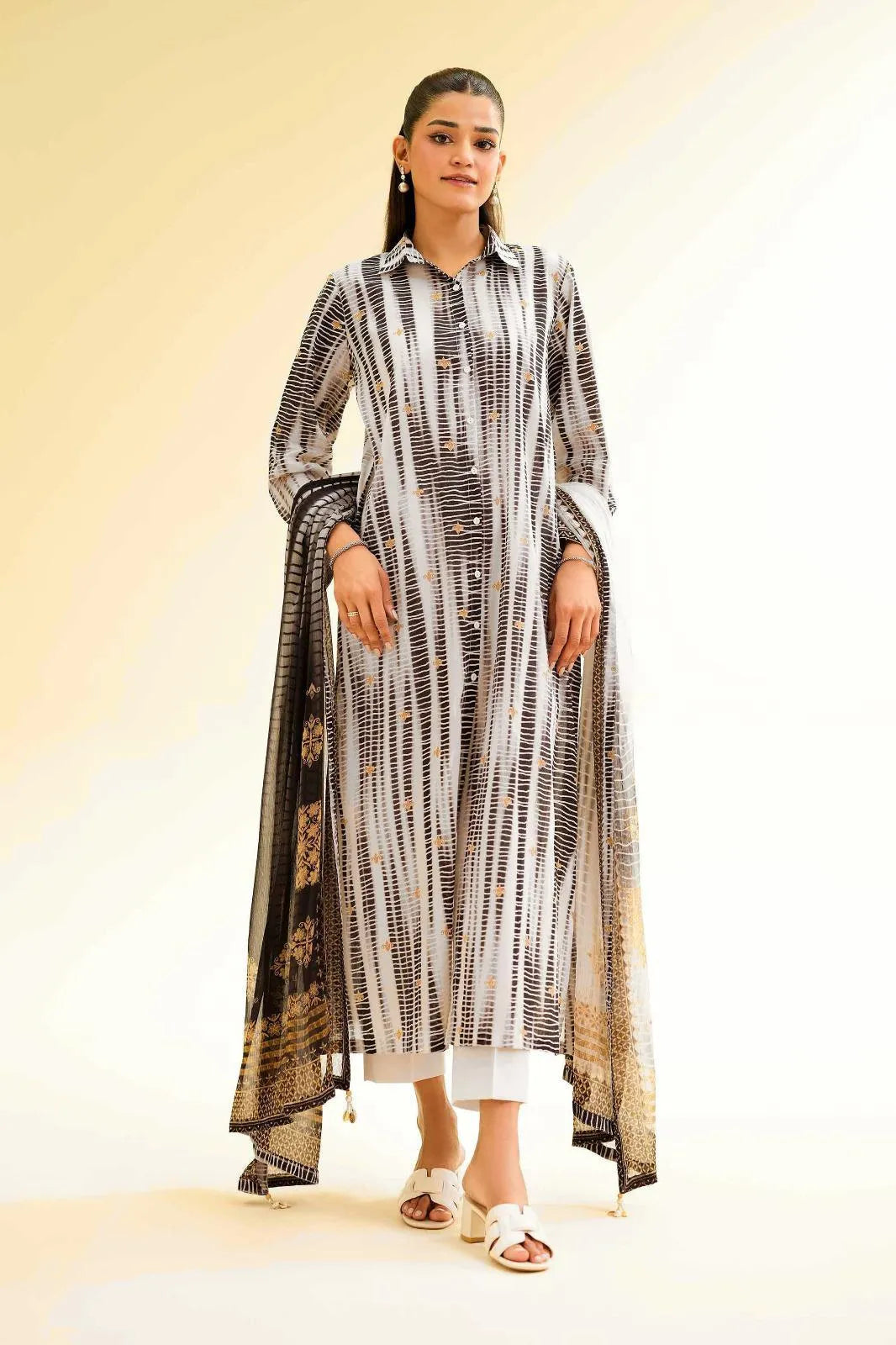 Women's Stitched 3 Pcs Swiss Voile Printed Suit- Front And Back Digital Printed Front Buttons Long Shirt With Printed Duppatta