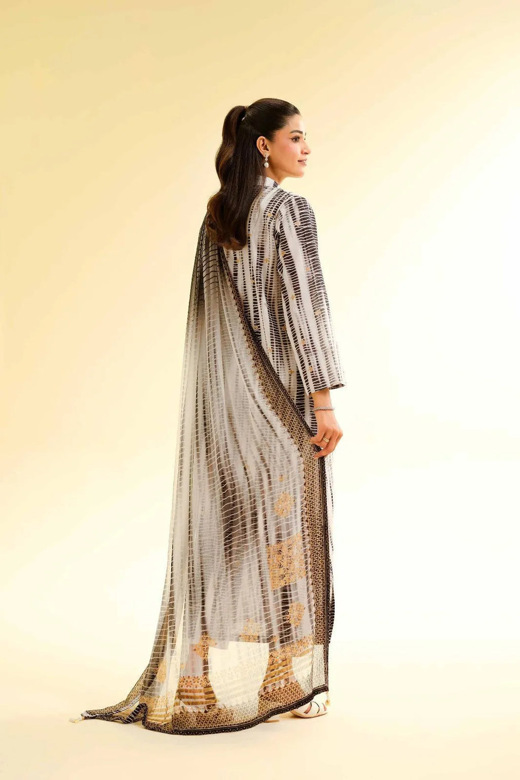 Women's Stitched 3 Pcs Swiss Voile Printed Suit- Front And Back Digital Printed Front Buttons Long Shirt With Printed Duppatta