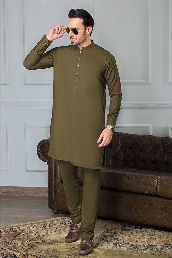 Men's Wash And Wear 2 Pcs Plain Shalwar Kameez in Green