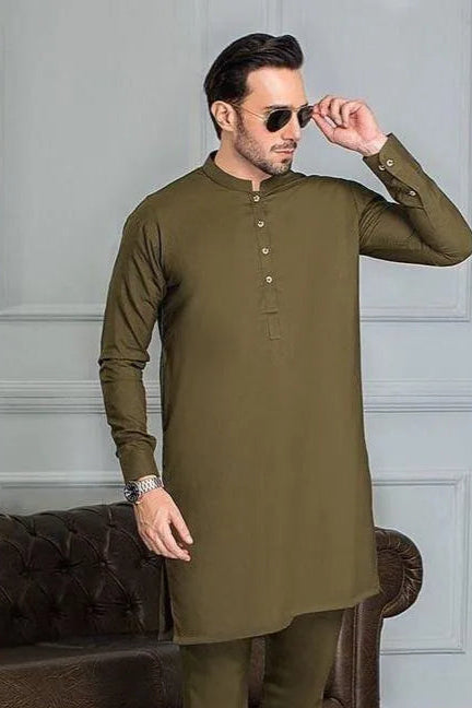 Men's Wash And Wear 2 Pcs Plain Shalwar Kameez in Green