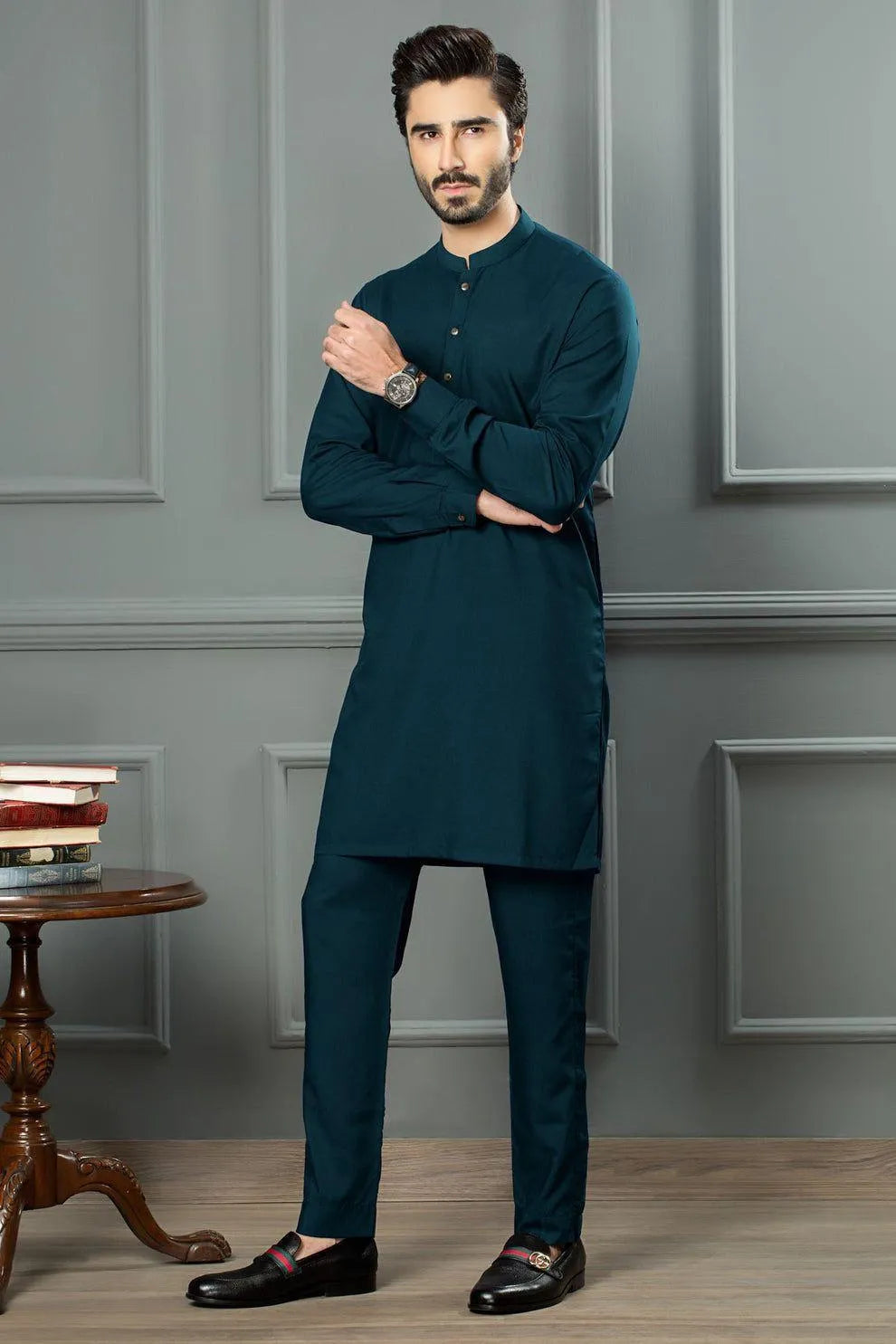 Men's Wash And Wear Shalwar Kameez 2 Pcs in Plain Blue