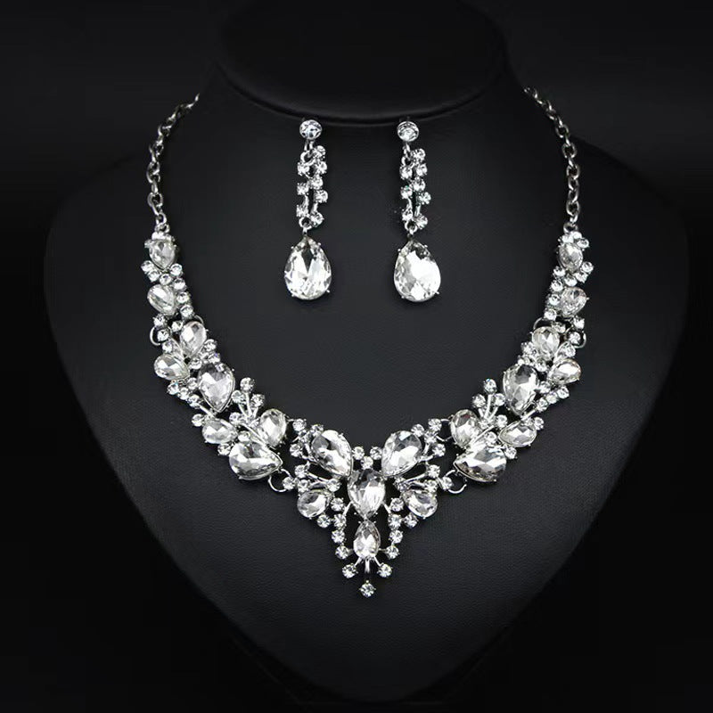 Water Drop Diamond-Encrusted Luxury Bridal Necklace Two-Piece Set