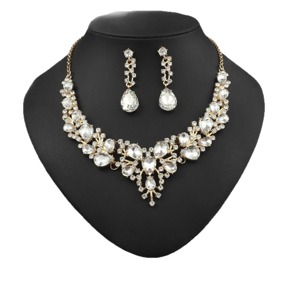Water Drop Diamond-Encrusted Luxury Bridal Necklace Two-Piece Set