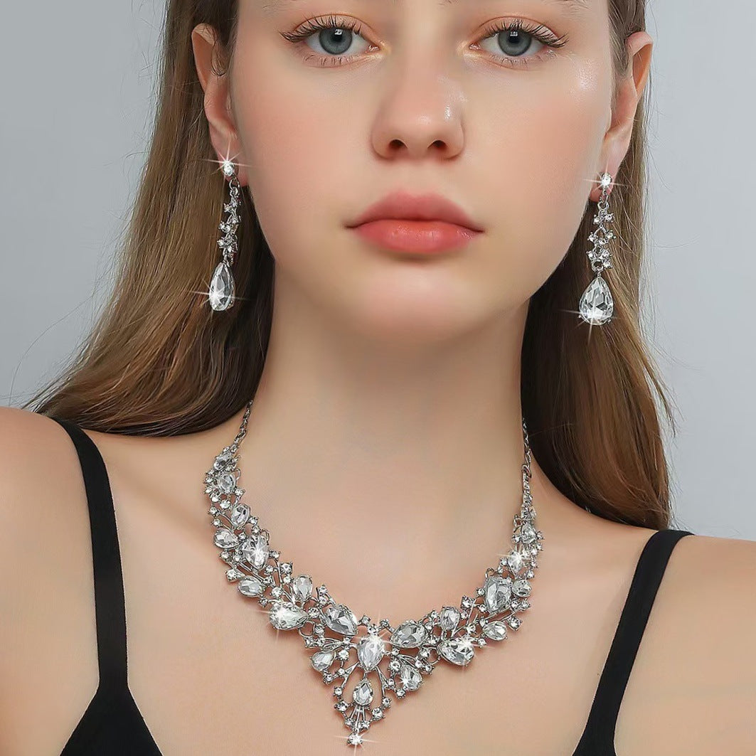 Water Drop Diamond-Encrusted Luxury Bridal Necklace Two-Piece Set