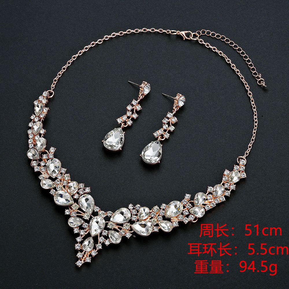 Water Drop Diamond-Encrusted Luxury Bridal Necklace Two-Piece Set