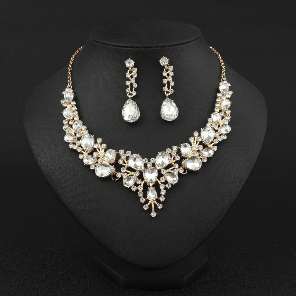 Water Drop Diamond-Encrusted Luxury Bridal Necklace Two-Piece Set
